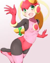 Rule 34 | 1girl, blonde hair, bodysuit, boots, breasts, commentary, covered erect nipples, covered navel, danpu, gloves, green eyes, heart, helmet, highres, long hair, looking at viewer, mega man (series), mega man battle network, mega man battle network (series), netnavi, nipples, open mouth, pink bodysuit, pink footwear, pink gloves, ponytail, roll.exe (mega man), skin tight, small breasts, tongue, waving