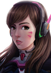 Rule 34 | 1girl, artist name, bodysuit, brown eyes, brown hair, chromatic aberration, d.va (overwatch), eyebrows, eyelashes, facial mark, headphones, highres, light smile, lips, long hair, looking at viewer, matching hair/eyes, overwatch, overwatch 1, parted lips, pilot suit, portrait, raypier, signature, simple background, solo, swept bangs, whisker markings, white background
