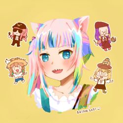Rule 34 | 5girls, alternate hair color, animal, animal ears, animal on head, bag, beret, bird, black dress, black headwear, blonde hair, blue eyes, blush, cat ears, chibi, chibi inset, chicken, dated, dog, dog on head, dress, fangs, gawr gura, gawr gura (casual), glasses, hair ornament, hat, hololive, hololive english, holomyth, looking at viewer, mori calliope, mori calliope (streetwear), multicolored hair, multiple girls, ninomae ina&#039;nis, ninomae ina&#039;nis (casual), official alternate costume, on head, open mouth, orange hair, paintbrush, palette (object), pavolia reine (artist), pink hair, ponytail, portrait, purple hair, rainbow hair, round eyewear, sharp teeth, shirt, side ponytail, sidelocks, signature, simple background, smile, smiley face, straw hat, striped clothes, striped shirt, sunglasses, tagme, takanashi kiara, takanashi kiara (casual), teeth, tentacle hair, virtual youtuber, watson amelia, watson amelia (street casual), white shirt, yellow background