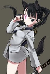 Rule 34 | 1girl, animal ears, aohashi ame, black hair, closed mouth, commentary request, cowboy shot, dog ears, dog tail, eyepatch, glowing, glowing eye, grey background, highres, holding, holding weapon, jacket, katana, long hair, long sleeves, looking at viewer, military, military uniform, no pants, ponytail, sakamoto mio, simple background, solo, standing, strike witches, sword, tail, uniform, weapon, white jacket, world witches series