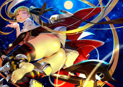 Rule 34 | 1girl, ass, bardiche (bullova form) (nanoha), bardiche (nanoha), barefoot, black gloves, black panties, black thighhighs, blonde hair, blowing kiss, boots, breasts, cape, elbow gloves, fate testarossa, feet, foreshortening, full moon, gloves, glowing, hair ribbon, highres, long hair, lyrical nanoha, magical girl, mahou shoujo lyrical nanoha, mahou shoujo lyrical nanoha the movie 3rd: reflection, mikazuki akira!, moon, night, one eye closed, open clothes, panties, partially visible vulva, red cape, red eyes, ribbon, scythe, single glove, soles, solo, star (sky), thighhighs, thong, toes, transformation, twintails, underboob, underwear, very long hair, white cape