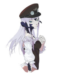 Rule 34 | 1girl, amo (silent bomb19), au ra, bad id, bad twitter id, blue eyes, brown hat, bustier, closed mouth, detached sleeves, final fantasy, final fantasy xiv, from side, goggles, goggles on head, hand up, hat, horns, long hair, looking at viewer, looking to the side, purple hair, simple background, solo, warrior of light (ff14), white background
