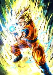 Rule 34 | 1boy, absurdres, blonde hair, blue sash, blue shirt, blue wristband, commentary request, dragon ball, dragonball z, electricity, energy, foot out of frame, green eyes, highres, kaib0y, kamehameha (dragon ball), looking at viewer, making-of available, male focus, medium hair, muscular, muscular male, open mouth, orange pants, orange vest, pants, sash, shirt, short sleeves, solo, son goku, standing, super saiyan, super saiyan 2, vest, wristband