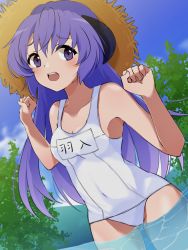 Rule 34 | 1girl, absurdres, blush, breasts, character name, cleavage, collarbone, cowboy shot, day, hanyuu, hat, highres, higurashi no naku koro ni, horns, long hair, looking to the side, name tag, one-piece swimsuit, open mouth, outdoors, poyadevil, purple eyes, purple hair, school swimsuit, single horn, sketch, small breasts, solo, standing, straw hat, sun hat, swimsuit, thigh gap, very long hair, wading, white one-piece swimsuit, yellow hat