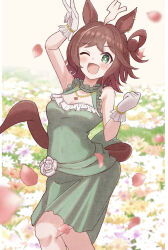 Rule 34 | 1girl, ;d, ahoge, animal ears, arm up, bare shoulders, breasts, brown hair, cleavage, cleavage cutout, clothing cutout, commentary request, dress, floral background, flower, frilled dress, frills, gloves, green dress, green eyes, hair bun, hair rings, hand up, highres, horse ears, horse girl, horse tail, jewelry, looking at viewer, medium breasts, one eye closed, one side up, open mouth, pendant, petals, purple flower, rhein kraft (umamusume), rose, single side bun, smile, solo, standing, sunanuko (ramuneko), tail, umamusume, white flower, white gloves, white rose