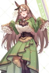 Rule 34 | 1girl, :d, absurdres, alternate breast size, animal ears, black thighhighs, blush, braid, breasts, brooch, brown eyes, brown hair, commentary request, dress, ear ornament, green dress, hair ornament, half updo, highres, horse ears, horse girl, huge breasts, jewelry, kannko bokujou, long hair, long sleeves, looking at viewer, open mouth, satono diamond (umamusume), sleeves past fingers, sleeves past wrists, smile, solo, standing, thighhighs, translated, umamusume, very long hair, white background