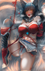 Rule 34 | 1girl, ahri (league of legends), animal ears, arms behind back, ball gag, bare shoulders, bdsm, black hair, blush, bondage, boots, bound, breasts, breath, cameltoe, ehrrr, facial mark, fox ears, fox tail, gag, glowing, heart, heart-shaped pupils, high heels, highres, knee boots, korean clothes, kyuubi, large breasts, league of legends, leg up, long hair, navel, orange eyes, saliva, sex toy, signature, solo, sweat, symbol-shaped pupils, tail, thighhighs, vibrator, white thighhighs, wiffle gag
