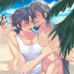 Rule 34 | 2boys, 2girls, alternate costume, arm around shoulder, ass, bare arms, bare shoulders, beach, bikini, black hair, blue bikini, blush, braid, breasts, brown hair, cleavage, closed eyes, cloud, cloudy sky, collarbone, crow armbrust, day, eating, eiyuu densetsu, emma millstein, falcom, food, from behind, grey hair, hair between eyes, hand on another&#039;s arm, hand on own hip, highres, holding, holding food, holding ice cream, ice cream, legs, licking, long hair, looking at viewer, multiple boys, multiple girls, navel, ocean, open mouth, outdoors, palm tree, parted lips, pectorals, purple bikini, purple eyes, purple hair, rean schwarzer, sen no kiseki, sen no kiseki iv, short hair, sky, spiked hair, standing, stomach, swimsuit, tank top, teeth, tisiphone (artist), tongue, tongue out, tree, vita clotilde, water, white tank top, yaoi