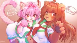 Rule 34 | 2girls, ahoge, animal ears, arm around shoulder, bear ears, bent over, brown eyes, brown fur, brown hair, cat ears, cat tail, claw pose, fang, female focus, fur, gradient background, green sailor collar, highres, long hair, looking at viewer, midriff, multiple girls, navel, necktie, ooba jun, open mouth, original, paw pose, pawpads, pink fur, pink hair, red neckwear, sailor collar, short hair, short shorts, shorts, tail, twitter username, white shorts