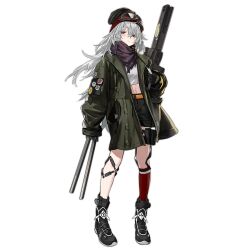Rule 34 | 1girl, assault rifle, beanie, belt, between fingers, black footwear, black gloves, black hat, black shorts, blush stickers, boots, brown eyes, bullpup, caseless firearm, coat, colored shoe soles, full body, g11 (autumn nap as you will xi) (girls&#039; frontline), g11 (girls&#039; frontline), girls&#039; frontline, gloves, goggles, goggles on head, green coat, grey hair, gun, h&amp;k g11, hat, high-capacity magazine, holding, holding magazine (weapon), horizontal magazine, kneehighs, long hair, looking at viewer, magazine (weapon), midriff, navel, nishiro ryoujin, official alternate costume, official art, orange belt, pouch, prototype design, purple scarf, red socks, rifle, scarf, shirt, shorts, simple background, single kneehigh, single sock, socks, solo, standing, sticker, sticker on arm, thigh pouch, transparent background, very long hair, weapon, white shirt