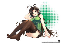 Rule 34 | 10s, 1girl, absurdres, antenna hair, bare shoulders, black hair, blush, breasts, earrings, feet, fomyu (formula), green eyes, hasegawa chisato, highres, jewelry, large breasts, long hair, mole, mole under eye, no shoes, panties, ribbed sweater, shinmai maou no testament, skirt, smile, solo, sweater, thighhighs, turtleneck, underwear