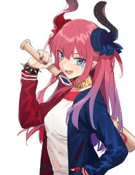 Rule 34 | 1girl, :d, aiko (kanl), bad id, bad pixiv id, baseball bat, blue bow, blue eyes, blue nails, bow, bracelet, breasts, collar, cosplay, dc comics, dragon horns, earrings, elizabeth bathory (fate), elizabeth bathory (fate/extra ccc), facial mark, fang, fate/extra, fate/extra ccc, fate (series), gradient hair, hair between eyes, hair bow, hand on own hip, hand up, harley quinn, harley quinn (cosplay), heart, heart facial mark, holding, holding baseball bat, horns, jacket, jewelry, long hair, long sleeves, looking at viewer, makeup, medium breasts, multicolored clothes, multicolored hair, multicolored horns, multicolored jacket, multicolored nails, nail polish, one side up, open clothes, open jacket, open mouth, pink hair, purple hair, red bow, red nails, shirt, sidelocks, signature, simple background, smile, solo, spiked bracelet, spikes, suicide squad, torn clothes, upper body, white background, white shirt