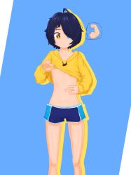 Rule 34 | 1girl, ahoge, black hair, blue eyes, clothes lift, collarbone, dolphin shorts, flat chest, hair over one eye, heterochromia, highres, jacket, liveactors, ooto ai, shirt lift, shorts, simple background, spread navel, wonder egg priority, yellow eyes