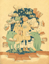 Rule 34 | . ., 2boys, animal, bird, book, book stack, boots, breast pocket, buttons, commentary request, emblem, facing away, frown, hand in pocket, holding, holding book, hood, hood down, library, limited palette, looking at another, male focus, multiple boys, open book, original, paper, pencil, petting, planet, pocket, rainbow, shoes, short hair, socks, standing, star (symbol), ta (tam-517), tapir, white legwear, writing