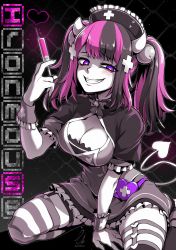 Rule 34 | 1girl, bell, black hair, breasts, character name, cleavage, cleavage cutout, clothing cutout, cross, demon tail, ebiblue, evil grin, evil smile, gesugao, grin, hat, highres, horns, ironmouse, ironmouse (nurse), jingle bell, medium breasts, multicolored hair, nurse, nurse cap, pink hair, purple hair, signature, smile, striped clothes, striped thighhighs, syringe, tail, thighhighs, twintails, virtual youtuber, vshojo, wrist cuffs