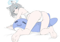 Rule 34 | 1girl, animal ear fluff, animal ears, ass, bare arms, bare legs, barefoot, blue archive, cross hair ornament, embarrassed, feet, from behind, full body, grey hair, hair ornament, halo, highres, inflatable toy, inflatable whale, legs, masabodo, medium hair, panties, shiroko (blue archive), soles, solo, toes, underwear, white panties, wolf ears