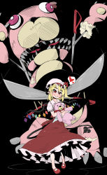 Rule 34 | commentary request, crossover, duel monster, flandre scarlet, frightfur bear, hat, highres, long skirt, mob cap, scissors, skirt, solo, stuffed animal, stuffed toy, takeu, teddy bear, touhou, yu-gi-oh!