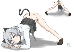 Rule 34 | 1girl, absurdres, animal ears, ass, black skirt, blush, cameltoe, cat ears, cat tail, closed mouth, green eyes, highres, jack-o&#039; challenge, looking at viewer, military, military uniform, multiple views, panties, pleated skirt, sanya v. litvyak, short hair, side-tie panties, silver hair, simple background, skirt, smile, strike witches, tail, underwear, uniform, white background, world witches series, yellow panties, yui5306