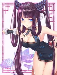 Rule 34 | 1girl, bare shoulders, black dress, blue eyes, blush, breasts, china dress, chinese clothes, cleavage, closed mouth, detached sleeves, dress, fate/grand order, fate (series), hair ornament, hand on own chest, highres, large breasts, leaning forward, long hair, looking at viewer, purple hair, shinobu1132, sidelocks, smile, solo, thighs, twintails, very long hair, yang guifei (fate), yang guifei (second ascension) (fate)