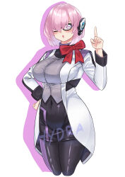Rule 34 | 1girl, :o, absurdres, android, black bow, bob cut, bow, breasts, cosplay, cowboy shot, crossover, fate/grand order, fate (series), glasses, hair over one eye, hand up, highres, humagear headphones, hydra (mhydraaprilli), index finger raised, is (kamen rider 01), is (kamen rider 01) (cosplay), kamen rider, kamen rider 01 (series), large breasts, long bangs, looking at viewer, mash kyrielight, nail polish, open mouth, pantyhose, pink eyes, pink hair, robot ears, signature, simple background, skirt, solo, white background