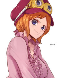 Rule 34 | 1girl, aosora2823, artist name, blue eyes, blush, closed mouth, commentary, frilled shirt, frills, goggles, goggles on headwear, hat, highres, koala (one piece), long sleeves, looking at viewer, one piece, orange hair, pink shirt, red hat, shirt, short hair, simple background, smile, solo, white background