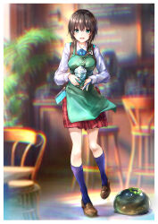 Rule 34 | 1girl, absurdres, aoi erika, apron, black hair, black socks, blush, breasts, brown vest, cafe, cup, day, green apron, green eyes, hair between eyes, happy, heaven burns red, highres, holding, holding cup, large breasts, loafers, long sleeves, looking at viewer, medium hair, menu board, open mouth, outdoors, pen, plaid, plaid skirt, red skirt, shirt, shoes, skirt, smoothie, socks, solo, tannno, vest, waitress, white shirt