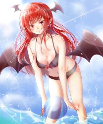 Rule 34 | &gt;:), 1girl, absurdres, alternate costume, ball, bat wings, bikini, black bikini, blush, breasts, cloud, collarbone, commentary request, day, fangs, fangs out, fingernails, gumi (fwjn7284), head wings, highres, koakuma, leaning forward, lens flare, long hair, looking at viewer, low wings, medium breasts, nail polish, navel, outdoors, pointy ears, red eyes, red hair, sharp fingernails, sky, smile, solo, swimsuit, touhou, very long hair, wading, water, wings