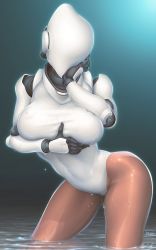 Rule 34 | 1girl, android, breast hold, breasts, dark-skinned female, dark skin, gradient background, haydee (game), haydee (haydee), highres, large breasts, looking at viewer, mask, mask on head, robot, simple background, standing, thick thighs, thighs, water, wet, wet clothes, xetton