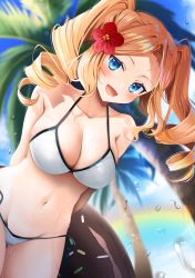 Rule 34 | 1girl, absurdres, arms behind back, beach, bikini, blonde hair, blue eyes, blue sky, blush, breasts, cleavage, cloud, collarbone, cowboy shot, day, doughnut innertube, drill hair, flower, hair flower, hair ornament, halterneck, highres, honolulu (kancolle), huge filesize, inflatable toy, innertube, kantai collection, large breasts, long hair, looking at viewer, navel, ocean, open mouth, outdoors, paid reward available, palm tree, sand, side-tie bikini bottom, sky, smile, solo, stomach, string bikini, swim ring, swimsuit, tree, twin drills, water, water drop, white bikini, yunamaro