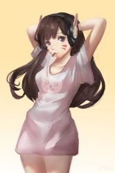 Rule 34 | 1girl, absurdres, adjusting hair, alternate eye color, animal print, arms behind back, arms up, artist name, breasts, brown hair, collarbone, cowboy shot, d.va (overwatch), facepaint, facial mark, gradient background, hair ornament, hairclip, headphones, heart, heart-shaped pupils, highres, lips, long hair, looking at viewer, medium breasts, mouth hold, naked shirt, overwatch, overwatch 1, pink lips, purple eyes, rabbit print, shirt, short sleeves, solo, symbol-shaped pupils, whisker markings, zone (495805288)