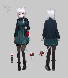Rule 34 | 1girl, ahoge, animal ears, bag, bell, belt, black footwear, black jacket, black pantyhose, blush, boots, bow, braid, cat ears, cat girl, cat tail, closed mouth, collared dress, color guide, dress, ebiri fy, from behind, full body, green dress, grey background, grey hair, hair between eyes, highres, jacket, jingle bell, knee boots, long hair, long sleeves, looking at viewer, multiple views, open clothes, open jacket, original, pantyhose, red bow, red eyes, shoulder bag, side braid, simple background, standing, tail, tail bow, tail ornament, thigh strap, very long hair