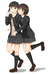 Rule 34 | 2girls, :3, amagami, ayatsuji tsukasa, baozi, black bow, black bowtie, black eyes, black hair, black jacket, black sailor collar, black skirt, black socks, blazer, blush, bob cut, bow, bowtie, breasts, brown eyes, brown footwear, brown hair, brown sweater, closed mouth, collared shirt, commentary, dress shirt, eating, feilong (rong0102), food, foot up, from side, head on another&#039;s shoulder, holding, holding food, hug, hug from behind, jacket, kibito high school uniform, kneehighs, loafers, long hair, long sleeves, looking at another, looking at viewer, looking to the side, loose hair strand, medium breasts, messy hair, multiple girls, open clothes, open jacket, pleated skirt, sailor collar, school uniform, shadow, shirt, shoes, short hair, simple background, skirt, small breasts, smile, socks, sweater, walking, white background, white shirt