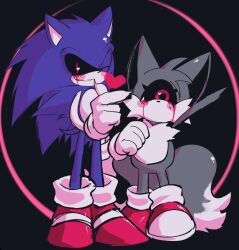 Rule 34 | 2boys, animal ears, black sclera, blood, bloody tears, blue fur, colored sclera, cyclops, fox, fox boy, fox ears, fox tail, furry, furry male, gloves, grey fur, heart, hedgehog, hedgehog boy, hedgehog ears, hedgehog tail, highres, looking at viewer, multiple boys, one-eyed, one eye closed, quill, red eyes, shoes, sonic.exe, sonic.exe (character), sonic (series), tail, usa37107692, white fur