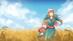 Rule 34 | 1girl, absurdres, animal ears, bird, blue dress, blue sky, blush, brown hair, cloud, day, dress, closed eyes, facing viewer, field, hands up, head wreath, highres, holo, kim levesque, long hair, long sleeves, outdoors, petals, pouch, sky, smile, solo, spice and wolf, standing, tail, wallpaper, watermark, wheat, wolf ears, wolf tail