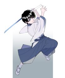 Rule 34 | 1boy, aged down, black hair, blue bow, blue eyes, blue hakama, bow, child, closed mouth, full body, gradient background, grey background, hakama, holding, holding sword, holding weapon, incoming attack, japanese clothes, jumping, kimono, long sleeves, looking at viewer, male focus, okurase, rurouni kenshin, seta soujirou, short hair, smile, socks, solo, standing, sword, tabi, unsheathed, waraji, weapon, white background, white kimono, white socks, wide sleeves