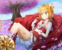 Rule 34 | 1girl, absurdres, ahoge, blonde hair, bloomers, blue sky, blush, breasts, cardcaptor sakura, cherry blossoms, crown, day, flower, gloves, green eyes, hair between eyes, heart, highres, holding, holding flower, kinomoto sakura, lying, mini crown, on back, outdoors, red flower, see-through, short hair with long locks, short shorts, shorts, sidelocks, sky, sleeveless, small breasts, smile, solo, sunhyun, tree, white bloomers, white footwear, white gloves, white shorts