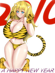 Rule 34 | 10s, 1girl, 2010, animal ears, animal print, bikini, blonde hair, blue eyes, breasts, gloves, happy new year, huge breasts, long hair, new year, oedo x, original, smile, solo, swimsuit, tail, tiger ears, tiger print, tiger tail