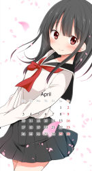 Rule 34 | 1girl, april, black hair, black skirt, blunt bangs, calendar, chijou noko, chikanoko, closed mouth, commentary request, cowboy shot, from side, highres, image sample, long hair, long sleeves, looking at viewer, looking to the side, motion blur, neckerchief, original, petals, pleated skirt, ragho no erika, red eyes, red neckerchief, school uniform, serafuku, simple background, skirt, smile, solo, standing, tareme, white background