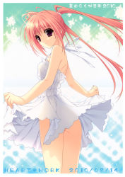 Rule 34 | 1girl, absurdres, ass, back, bare shoulders, clothes lift, dress, from behind, highres, lifted by self, long hair, looking back, original, purple eyes, red hair, scan, skirt, skirt lift, smile, solo, suzuhira hiro, twintails, white dress, white skirt