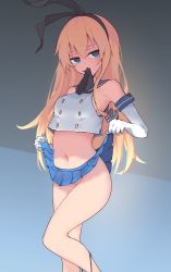 Rule 34 | 1girl, absurdres, animal ears, black hairband, black neckerchief, black panties, blonde hair, blue background, blue eyes, blue skirt, clothes lift, elbow gloves, fake animal ears, feet out of frame, gloves, groin, hair between eyes, hairband, highres, kantai collection, lifting own clothes, long hair, looking at viewer, lyrinne, midriff, mouth hold, navel, neckerchief, neckwear lift, no panties, panties, panties around leg, panty pull, pleated skirt, shimakaze (kancolle), shirt, simple background, skirt, skirt lift, solo, underwear, unworn panties, white gloves, white shirt