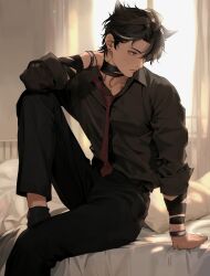 Rule 34 | 1boy, absurdres, ahoge, alternate costume, animal, arm support, black choker, black hair, black pants, black shirt, choker, closed mouth, commentary, english commentary, formal, genshin impact, hand on own neck, highres, indoors, long sleeves, male focus, multicolored hair, necktie, on bed, pants, red necktie, scar, scar on neck, shiraki 1110, shirt, short hair, sitting, solo, streaked hair, wriothesley (genshin impact)