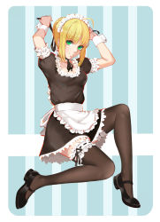 Rule 34 | 1girl, absurdres, ahoge, apron, arm garter, artoria pendragon (all), artoria pendragon (fate), bad id, bad pixiv id, black dress, black footwear, black ribbon, black thighhighs, blonde hair, blush, braid, closed mouth, dress, eyebrows, fate/stay night, fate (series), french braid, frilled thighhighs, frills, full body, green eyes, hair ribbon, highres, holding, long hair, looking at viewer, maid, maid apron, maid headdress, mary janes, md5 mismatch, official alternate costume, puffy short sleeves, puffy sleeves, ribbon, saber (fate), shoes, short sleeves, smile, solo, thighhighs, tying, waist apron, white apron, wrist cuffs, zettai ryouiki, zhano kun