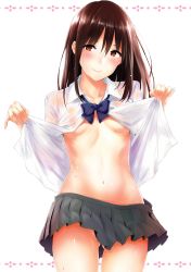 Rule 34 | 1girl, absurdres, blue bow, blue bowtie, blush, bow, bowtie, breasts, brown eyes, brown hair, closed mouth, clothes lift, collared shirt, cowboy shot, grey skirt, highres, long hair, looking at viewer, miniskirt, napata, navel, open clothes, open shirt, original, pleated skirt, school uniform, shirt, shirt lift, sidelocks, skirt, small breasts, smile, solo, stomach, tareme, thighs, wet, wet clothes, white shirt