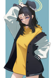 Rule 34 | 1girl, absurdres, akimitsu611, alternate costume, animal ears, arm up, black hair, black jacket, blue archive, blue background, blush, casual, choker, commentary request, cowboy shot, dog ears, dog girl, dog tail, dress, forehead, hair flip, hand in pocket, hands in hair, hat, hibiki (blue archive), highres, holding, holding own hair, hood, hood down, hooded dress, jacket, long hair, long sleeves, open clothes, purple eyes, shirt, solo, tail, yellow dress