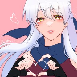 Rule 34 | 1girl, black gloves, blue scarf, blush, commentary request, dress, fingerless gloves, fire emblem, fire emblem: radiant dawn, gloves, hair between eyes, highres, long hair, looking at viewer, marth-chan (micaiah mrmm), micaiah (fire emblem), nintendo, parted lips, pink background, pink lips, red dress, scarf, simple background, sleeveless, sleeveless dress, solo, upper body, very long hair, white hair, yellow eyes