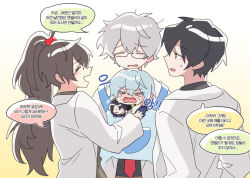 Rule 34 | 2boys, 2girls, angela (project moon), ayin (project moon), bbunny, benjamin (project moon), black hair, blue hair, blush, brown hair, carmen (project moon), character doll, closed mouth, coat, crying, glasses, grey hair, korean text, lab coat, library of ruina, lobotomy corporation, long hair, messy hair, multiple boys, multiple girls, open mouth, project moon, roland (project moon), short hair, side ponytail, speech bubble, sweat, tears, translation request, upper body, white coat, yellow eyes