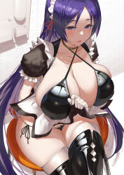 Rule 34 | 1girl, alternate costume, bikini, black bikini, blush, breasts, clothes lift, collarbone, covered erect nipples, crossed legs, curvy, elbow gloves, enmaided, fate/grand order, fate (series), frills, gloves, highres, huge breasts, lifted by self, long hair, looking at viewer, maid, maid bikini, maid headdress, microskirt, minamoto no raikou (fate), purple eyes, purple hair, side-tie bikini bottom, sitting, skindentation, skirt, skirt lift, solo, swimsuit, thighhighs, thighs, unconventional maid, uo denim, very long hair, white gloves