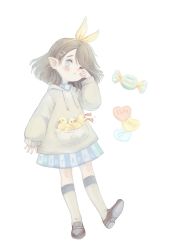 Rule 34 | 1girl, ;&lt;, arm at side, artist name, blue eyes, blue nails, blush, bob cut, brown hair, candy, child, drawstring, dress, english text, fairyapple, food, full body, hair behind ear, hairband, heart, hood, hoodie, in pocket, kneehighs, long sleeves, nail polish, one eye closed, original, pointy ears, rubbing eyes, shoe soles, shoes, simple background, sleeves past wrists, socks, solo, spread fingers, striped clothes, striped dress, sweater, swept bangs, vertical stripes, white background