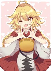 Rule 34 | 1other, androgynous, armor, blonde hair, braid, breastplate, commentary request, heart, heart hands, highres, japanese clothes, kimono, len&#039;en, long hair, one eye closed, ooama no ake no mitori, open mouth, ougi hina, red kimono, simple background, smile, solo, twin braids, yellow eyes
