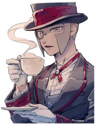 Rule 34 | 1boy, akamtvahosi, black hat, black jacket, buttons, coffee mug, commentary request, creatures (company), cup, game freak, gloves, grey eyes, grey hair, grey vest, hands up, hat, highres, holding, holding cup, holding saucer, ingo (pokemon), ingo (special costume) (pokemon), jacket, lapels, long sleeves, looking at viewer, male focus, monocle, mug, neck ribbon, nintendo, official alternate costume, open mouth, pokemon, pokemon masters ex, red ribbon, ribbon, saucer, shirt, short hair, sideburns, simple background, solo, steam, top hat, upper body, vest, white background, white gloves, white shirt